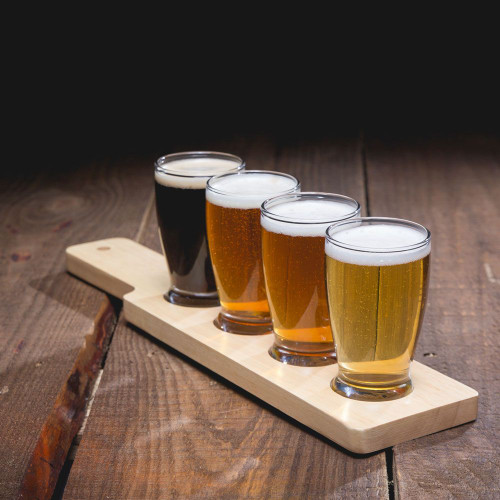 Beer Tasting Serving Set - Wood Paddle & 4 Glasses