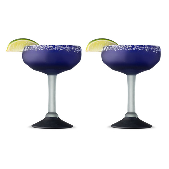 Hand-Blown Frosted Cobalt Blue Margarita Glasses - 10 oz - Set of 2