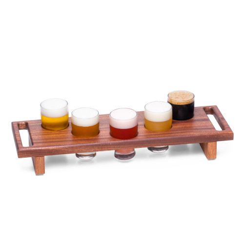 Premium Handmade Mahogany Wood Beer Flight Tray Set with Tasting Glasses - 6 Pieces