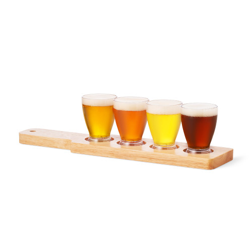Beer Tasting Glass Free Flight Serving Set - Wood Paddle & 4 Reusable Plastic Tasters